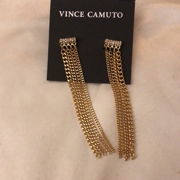 Vince Camuto Gold Tone Bar With CZ Accents & Chain Fringe Drop Earrings NWT - Picture 8 of 10
